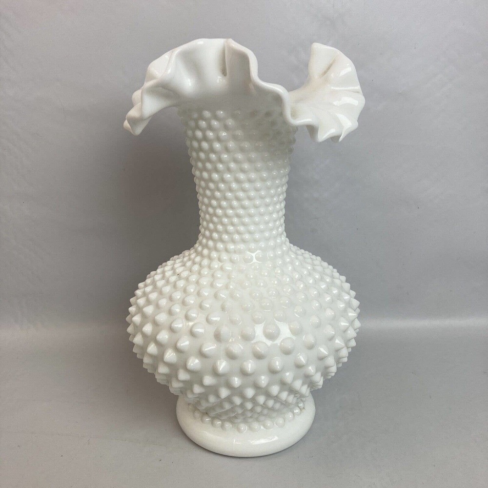 Fenton White Milk Glass Hobnail Vase Ruffled Crimped Edge Large Vintage 11"
